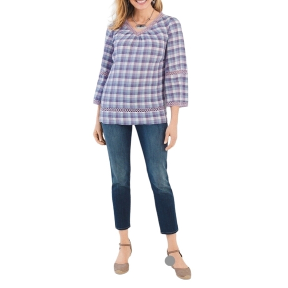 Chico's V-Neck Crochet-Detail Gingham 100% Linen Popover Blouse Top Size XL/ 16. - Picture 1 of 13